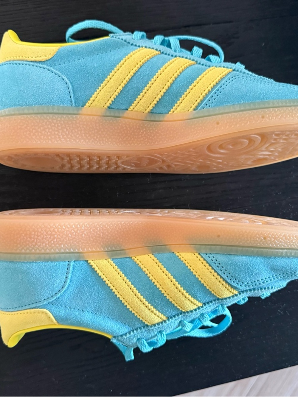 Adidas Teal Suede Sneakers With Yellow Stripes